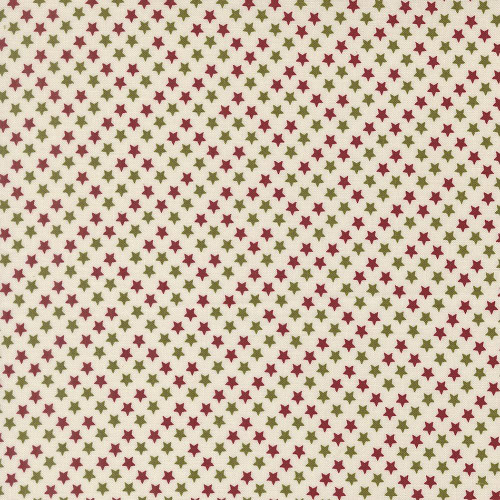 Moda Fabrics Chilly Sweetwater Star Bright Star Bright Vanilla Cream, fabric with a pattern of small red and green stars on a light background.