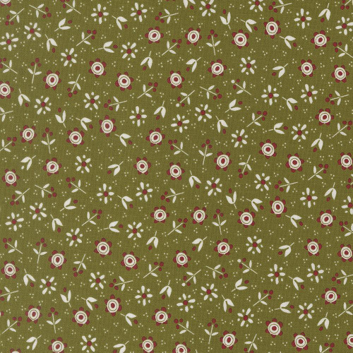Moda Fabrics Chilly Sweetwater Christmas Flowers Flowers Pine Green, a fabric with a festive floral pattern in white and burgundy on an olive green background.