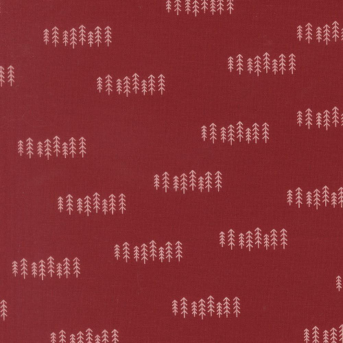 Moda Fabrics Chilly Sweetwater The Forest Tree The Forest Red Red, fabric featuring a red background with white pine tree patterns.