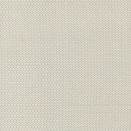 Moda Fabrics Chilly Sweetwater Snowball Dots Snowball Storm Aqua, image of a fabric with a pattern of small white snowball dots outlined in light blue with tiny red dots in the center, on a storm aqua background.