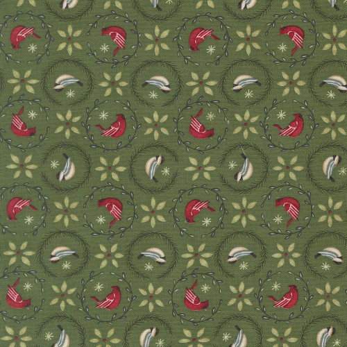 Moda Fabrics When Snow Falls Deb Strain Tiny Birds In Wreaths Evergreen Green, Christmas themed fabric with small birds inside wreaths on an evergreen green background.