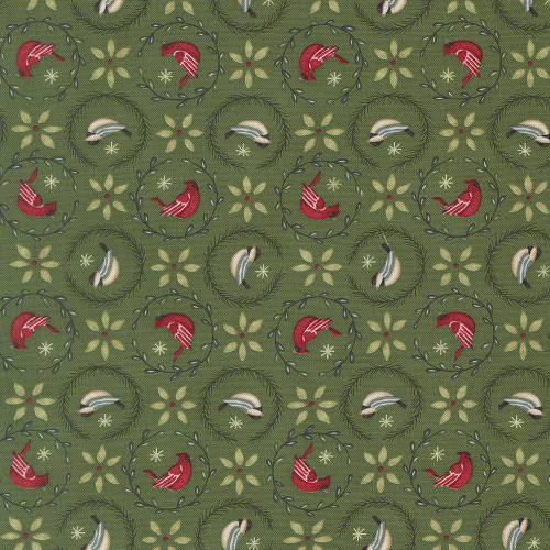 Moda Fabrics When Snow Falls Deb Strain Tiny Birds In Wreaths Evergreen Green