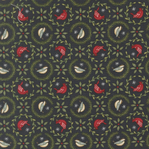 Moda Fabrics When Snow Falls Deb Strain Tiny Birds In Wreaths Night Sky Blue, holiday-themed fabric with tiny birds, wreaths, and night sky blue background.