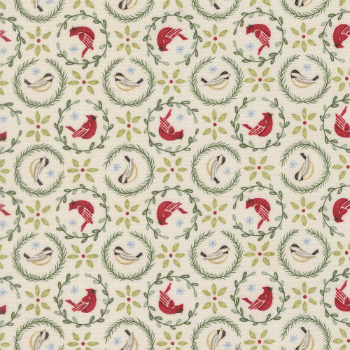 Moda Fabrics When Snow Falls Deb Strain Tiny Birds In Wreaths Snowy White Multi