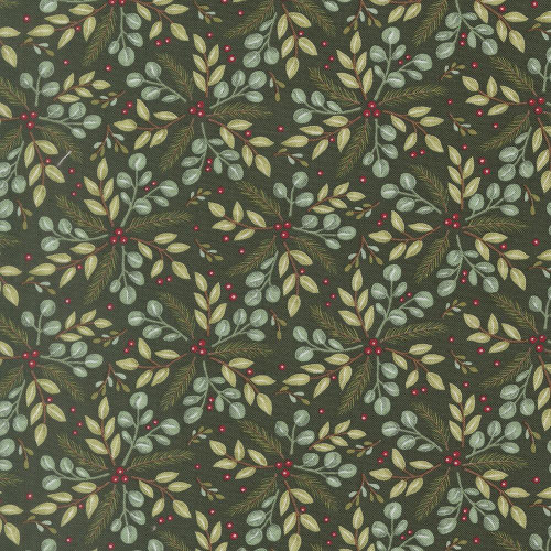 Moda Fabrics When Snow Falls Deb Strain Winter Greenery Holly Green, Christmas-themed fabric with holly leaves, red berries, and green foliage pattern.