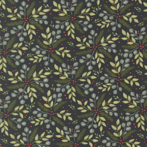 Moda Fabrics When Snow Falls Deb Strain Winter Greenery Night Sky Blue, fabric with a pattern of holly leaves, red berries, and evergreen branches on a dark night sky blue background.