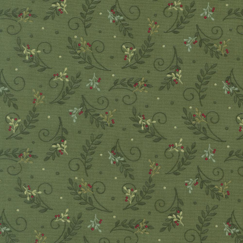 Moda Fabrics When Snow Falls Deb Strain Tossed Greenery Evergreen Green, holiday-themed fabric with a pattern of green leaves, red berries, and small white accents on an olive green background.