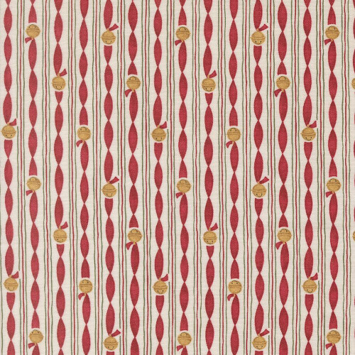 Moda Fabrics When Snow Falls Deb Strain Jingle Bell Stripes Snowy White Red, Christmas themed fabric with stripes of jingle bell characters on a snowy white and red background.