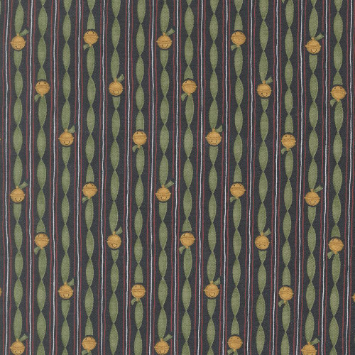 Moda Fabrics When Snow Falls Deb Strain Jingle Bell Stripes Night Sky Blue, fabric with Christmas-themed pattern of yellow jingle bells and green leaves on navy blue background with red and white stripes.