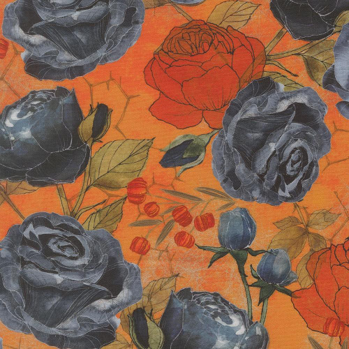 Moda Fabrics Coven Robin Pickens Coven Rose Floral Pumpkin Orange, close-up of fabric with painted roses and rosebuds in blue, orange, and green leaves on a pumpkin orange background.