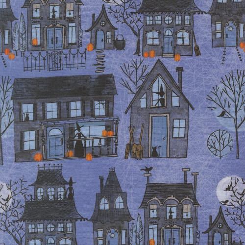 Moda Fabrics Coven Robin Pickens Witch Village Haunted Houses Dusk Blue, fabric featuring spooky haunted houses, witches, pumpkins, and bare trees in dusk blue and black color scheme.