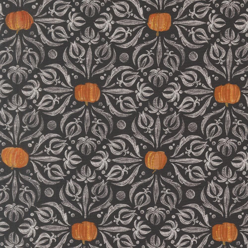 Moda Fabrics Coven Robin Pickens Medallion Tiles Damask Onyx Black, fabric with intricate white damask pattern featuring small pumpkins on black background.