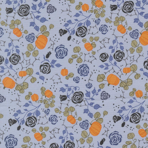 Moda Fabrics Coven Robin Pickens Small Garden Floral Sky Blue, fabric featuring a pattern of blue roses, orange pumpkins, and green leaves on a sky blue background.