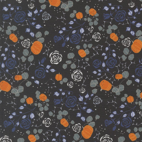 Moda Fabrics Coven Robin Pickens Small Garden Floral Onyx Black, fabric featuring small blue roses, white roses, orange pumpkins, and green leaves on a black background.