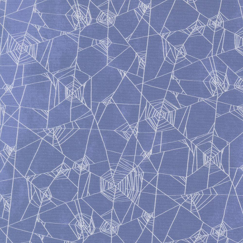 Moda Fabrics Coven Robin Pickens Spider Web Halloween Dusk Blue, close-up of a dusk blue fabric with a white spider web pattern.