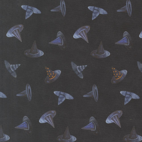 Moda Fabrics Coven Robin Pickens Witch Hats Onyx Black, halloween-themed fabric pattern with various witch hat illustrations in purple and orange on a black background.