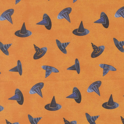 Moda Fabrics Coven Robin Pickens Witch Hats Pumpkin Orange, fabric with Halloween-themed witch hats and pumpkins on an orange background.