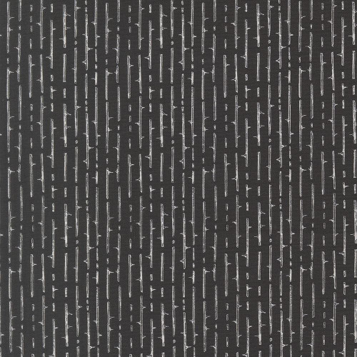 Moda Fabrics Coven Robin Pickens Thorny Stripes Onyx Black, fabric with a black background and white linear stripe pattern.