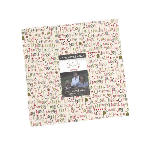 Moda Fabrics Chilly Sweetwater Layer Cake Ten Inch Squares, Christmas-themed fabric layer cake with festive words and symbols in red, green, and black colors.