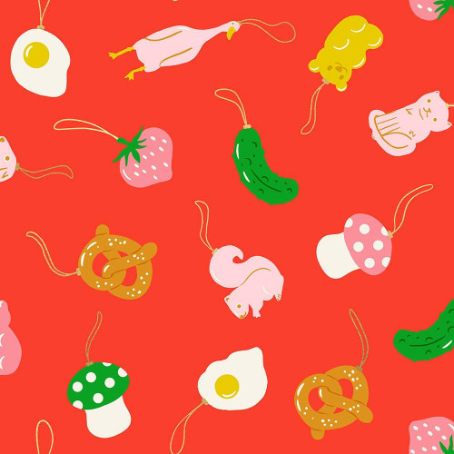 Moda Fabrics Merry Happy Ruby Star Society Kimberly Kight Find the Pickle Metal Lollipop Red, fabric pattern featuring cheerful illustrations of fried eggs, strawberries, pickles, fried chicken, cupcakes, and cookies on a vibrant red background.
