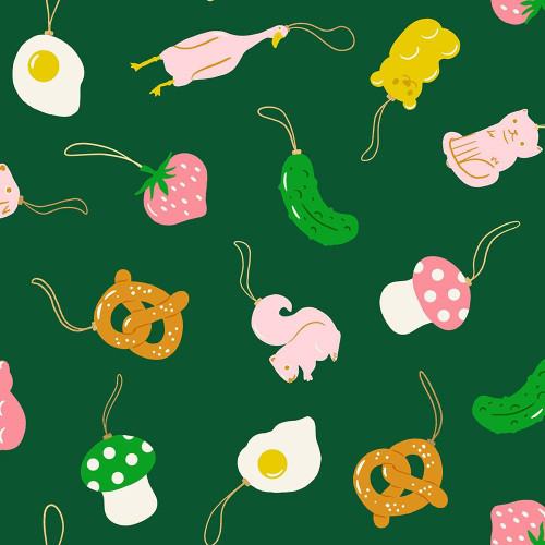Moda Fabrics Merry Happy Ruby Star Society Kimberly Kight Find the Pickle Metallic Jade Green fabric with whimsical food and animal motifs on a dark green background.