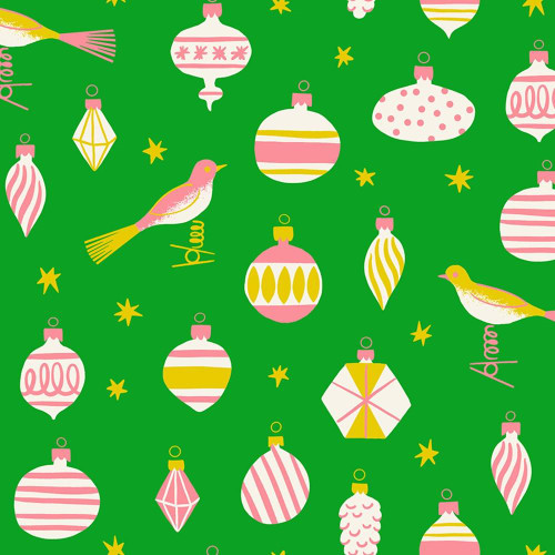 Moda Fabrics Merry Happy Ruby Star Society Kimberly Kight Baubles Verdant Green, Christmas ornament and bird pattern on green background