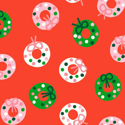 Moda Fabrics Merry Happy Ruby Star Society Kimberly Kight Bough Down Lollipop Red fabric, featuring a holiday wreath pattern in red, green, pink, white, and black colors with bow and polka dot design.