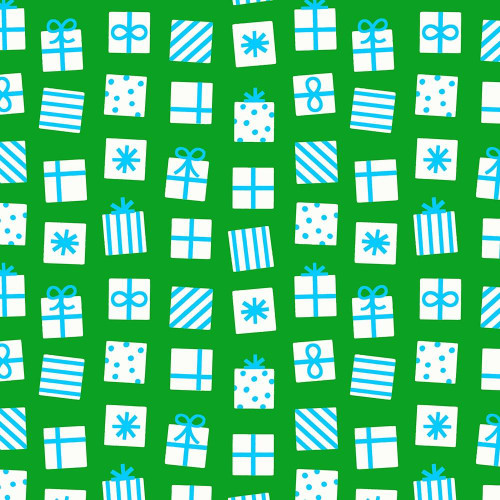 Moda Fabrics Merry Happy Ruby Star Society Kimberly Kight Secret Santa Verdant Green Christmas gift pattern, with white presents decorated with blue bows, polka dots, and stripes on a green background.