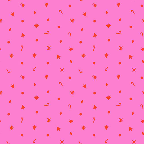 Moda Fabrics Merry Happy Ruby Star Society Kimberly Kight Christmas Confetti Lipstick Pink, pink background with red holiday-themed confetti and shapes.