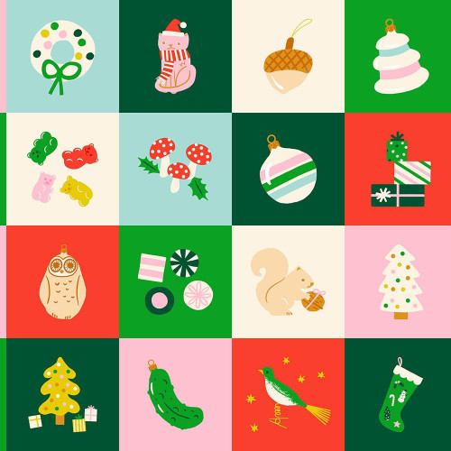 Moda Fabrics Merry Happy Ruby Star Society Kimberly Kight Christmas Panel 36 Lollipop Pink, festive holiday-themed cartoon illustrations including a Christmas tree, ornaments, gifts, and holiday characters.
