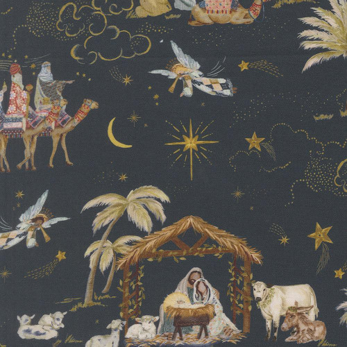 Moda Fabrics Silent Night Watercolour Heart Silent Night Scene Holy Night Blue, fabric featuring a festive Christmas scene with Wise Men, camels, angels, stars, a stable, and animals on a dark blue background.
