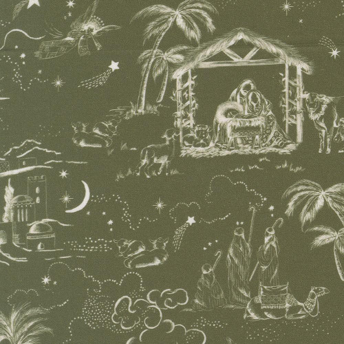 Moda Fabrics Silent Night Watercolour Heart Guided by a Star Scenic Holly Green fabric, scene depicting nativity with baby Jesus, Mary, Joseph, Wise Men, shepherds, animals, stars, moon, and palm trees in a watercolor style.