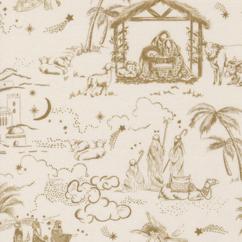 Moda Fabrics Silent Night Watercolour Heart Guided by a Star Scenic Lamb Cream, fabric print featuring nativity scene, animals, stars, and celestial elements in a watercolor style.
