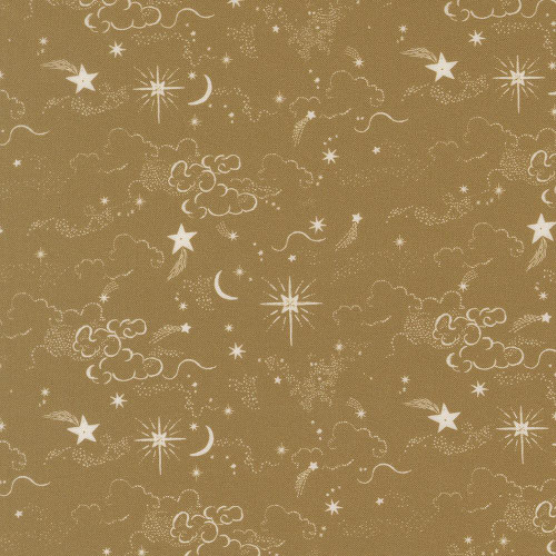 Moda Fabrics Silent Night Watercolour Heart Holy Starry Skies North Star Gold, fabric with white celestial patterns of stars, moons, and clouds on a gold background.