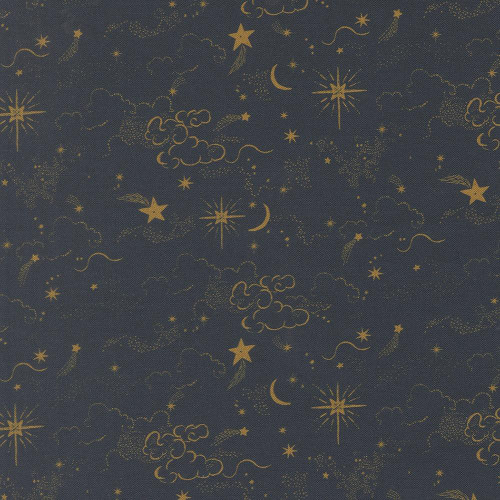 Moda Fabrics Silent Night Watercolour Heart Holy Starry Skies Holy Night Blue, a fabric pattern featuring gold celestial elements including stars, moons, clouds, and shooting stars on a deep blue background.
