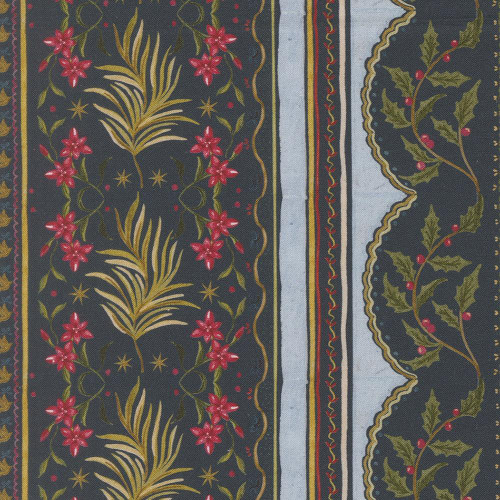 Moda Fabrics Silent Night Watercolour Heart Palms of Wonder Holy Night Blue, festive holiday-themed fabric with holly leaves, red berries, and intricate border designs.