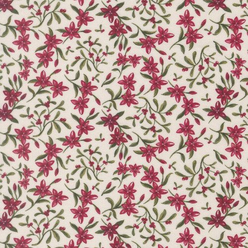 Moda Fabrics Silent Night Watercolour Heart Star of Bethlehem Floral Lamb Red, floral fabric with red flowers, green leaves, and star and lamb motifs for Christmas quilting.