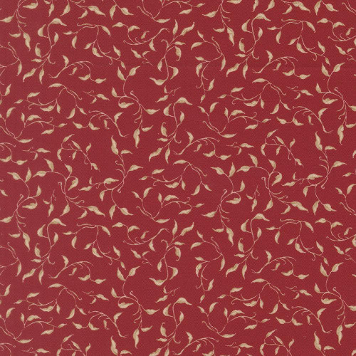 Moda Fabrics Silent Night Watercolour Heart Golden Vines Crimson Red, a fabric with a deep crimson background adorned with delicate golden watercolour-style vines and hearts pattern.