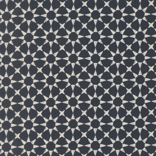 Moda Fabrics Silent Night Watercolour Heart Star Mosaic Holy Night Blue, intricate geometric pattern in shades of blue and white.