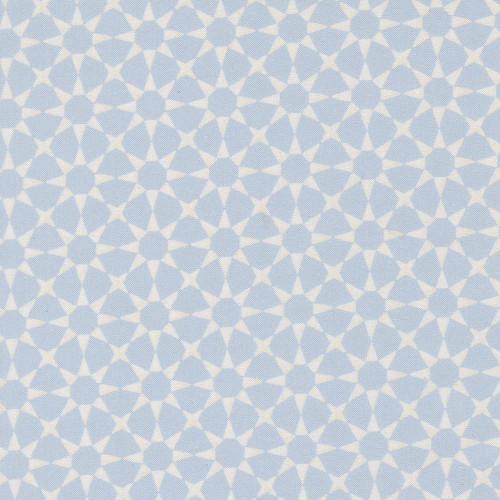 Moda Fabrics Silent Night Watercolour Heart Star Mosaic Sky Blue, fabric with a soft sky blue background and a pattern of white watercolor-style hearts, stars, and mosaic shapes.