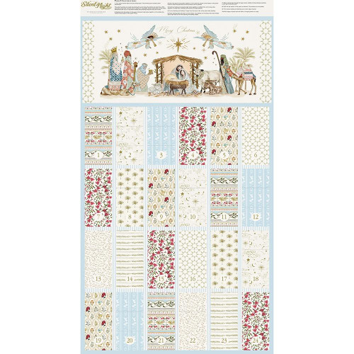 Moda Fabrics Silent Night Watercolour Heart Advent Calendar Panel 24 Lamb Multi, Christmas-themed fabric panel with numbered days and a watercolor nativity scene with lambs, angels, and nativity figures.