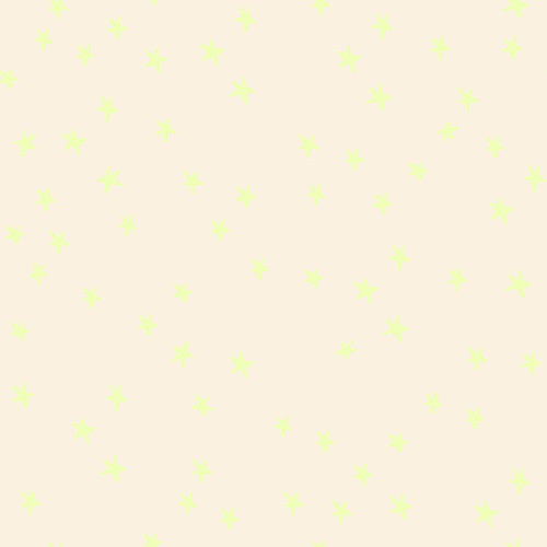 Moda Fabrics Freaky Familiars Ruby Star Society Starry Neon Yellow Cream, fabric with starry print in neon yellow on a cream background.