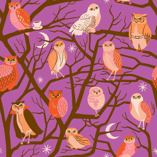 Moda Fabrics Freaky Familiars Ruby Star Society Who Cooks for You Witchy Purple, fabric with a pattern of various cartoon owls perched on dark brown tree branches against a purple background, with crescent moons and star accents.