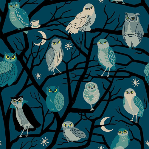 Moda Fabrics Freaky Familiars Ruby Star Society Who Cooks for You Galaxy Green fabric, featuring a pattern of various owls sitting on black tree branches against a dark green background, with moon and star motifs.