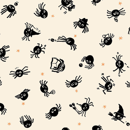 Moda Fabrics Freaky Familiars Ruby Star Society Spider Sense Natural Cream, spooky cartoon spider characters with various accessories on a cream background with small orange star accents.