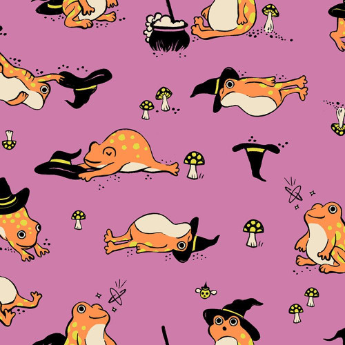 Moda Fabrics Freaky Familiars Ruby Star Society Frogmilliars Heliotrope Purple, playful cartoon frog illustrations wearing witch hats with mushrooms on a purple background.