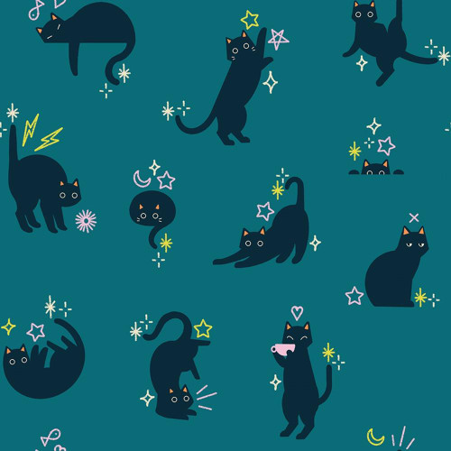 Moda Fabrics Freaky Familiars Ruby Star Society Catwalk Storytime Turquoise fabric pattern featuring playful black cats in various poses with stars, moons, and sparkles on a turquoise background.