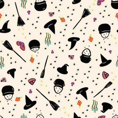 Moda Fabrics Freaky Familiars Ruby Star Society Witchy Woman Natural Cream, illustrated pattern with witches' hats, brooms, cauldrons, and magical symbols in black and colorful accents.