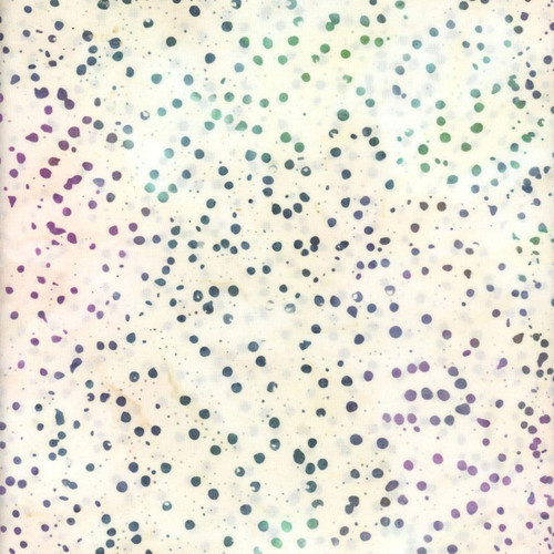 Batik Textiles Batik Fabrics Cream Purple Teal Blue Random Dots, fabric with multicolored dot pattern on a light background.