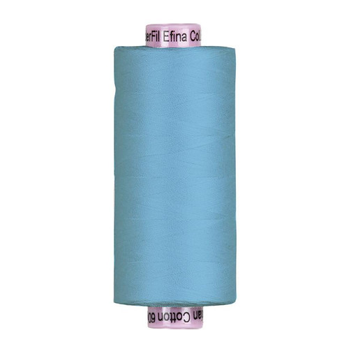 Riley Blake Fabrics Confetti Cotton 60 wt Quilting Thread Boy Blue, a spool of light blue quilting thread with a pink top label.